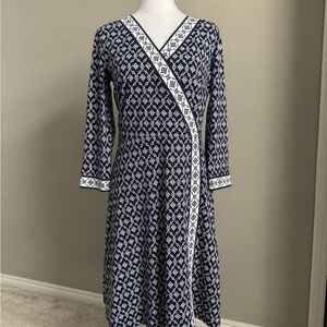 Talbots Blue and White A-line Dress with Long Sleeves